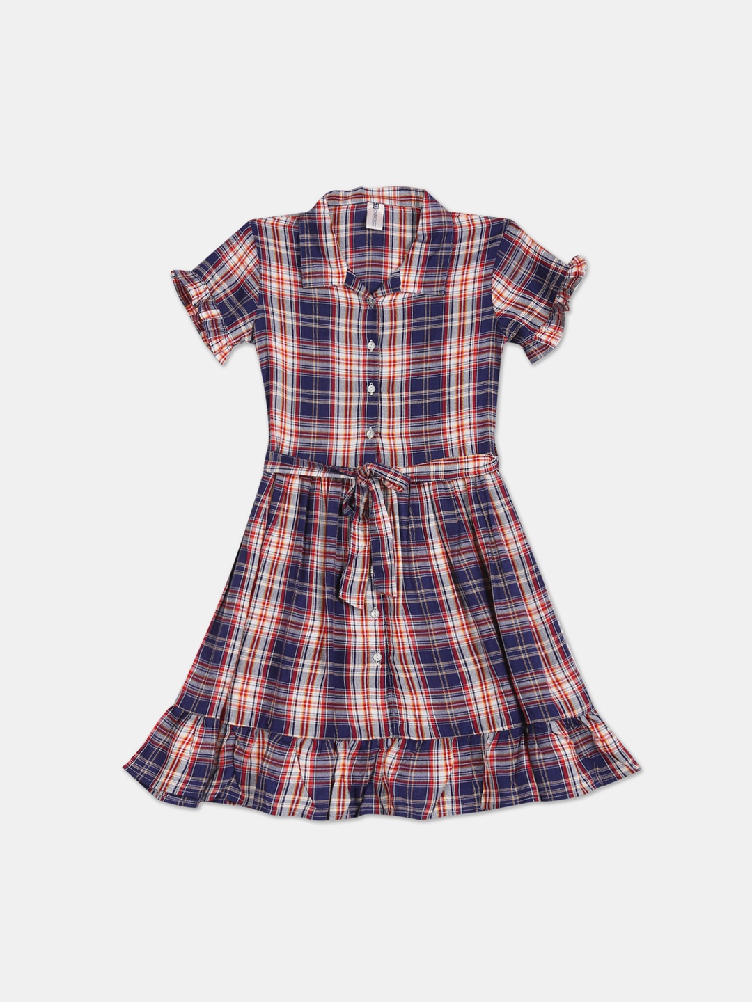 Cherokee Navy Blue & Yellow Checked Cotton Shirt Dress