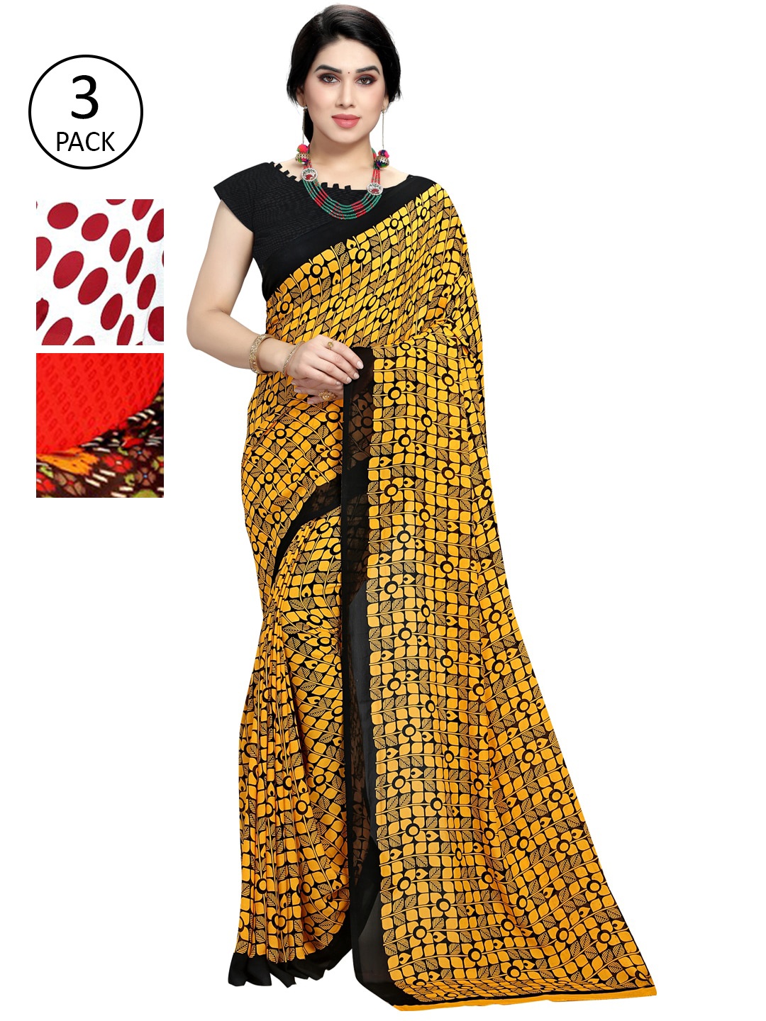 KALINI Pack Of 3 Printed Poly Georgette Sarees, Red