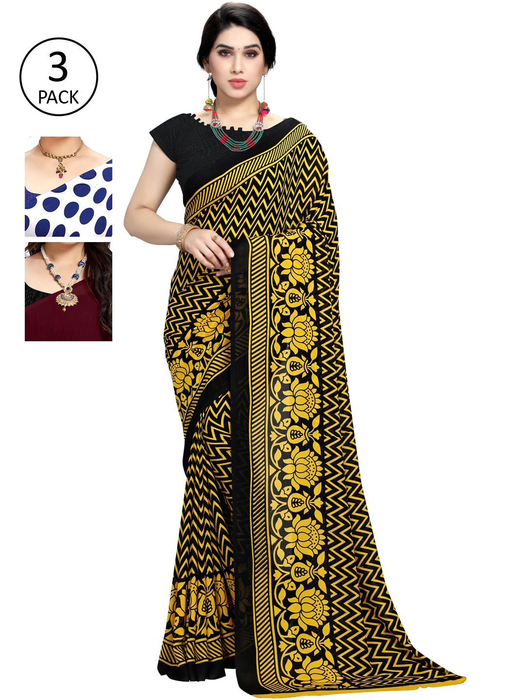 KALINI Pack of 3 Printed Sarees, Black