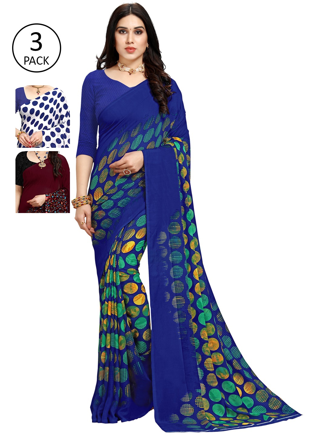 KALINI Pack of 3 Poly Georgette Printed Sarees, White