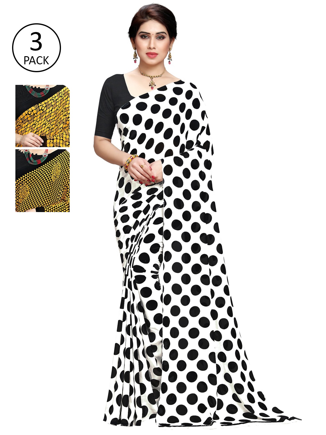 KALINI Black & White Pack of 3 Printed Saree