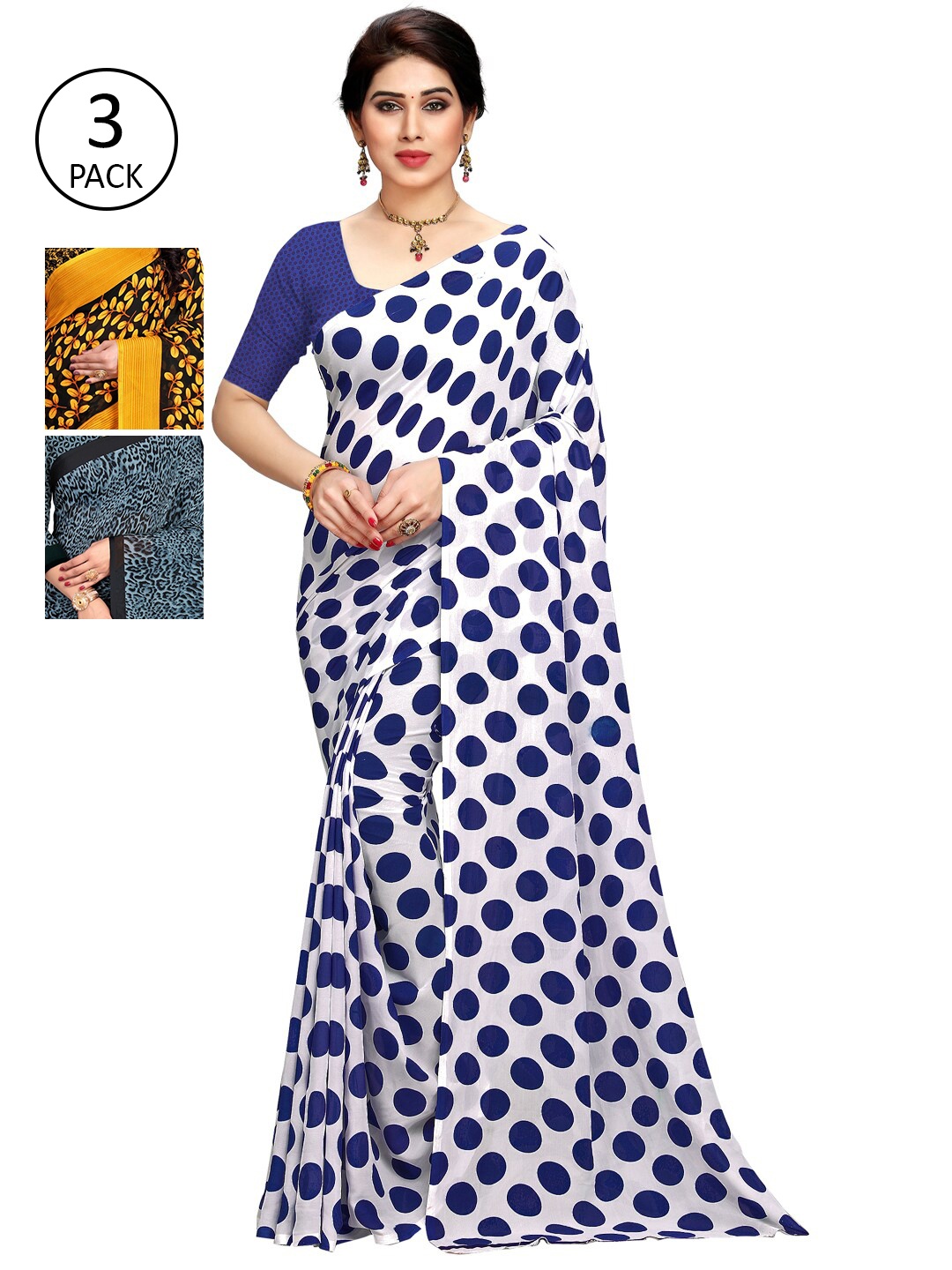 KALINI Pack Of 3 Yellow & White & Blue Printed Sarees
