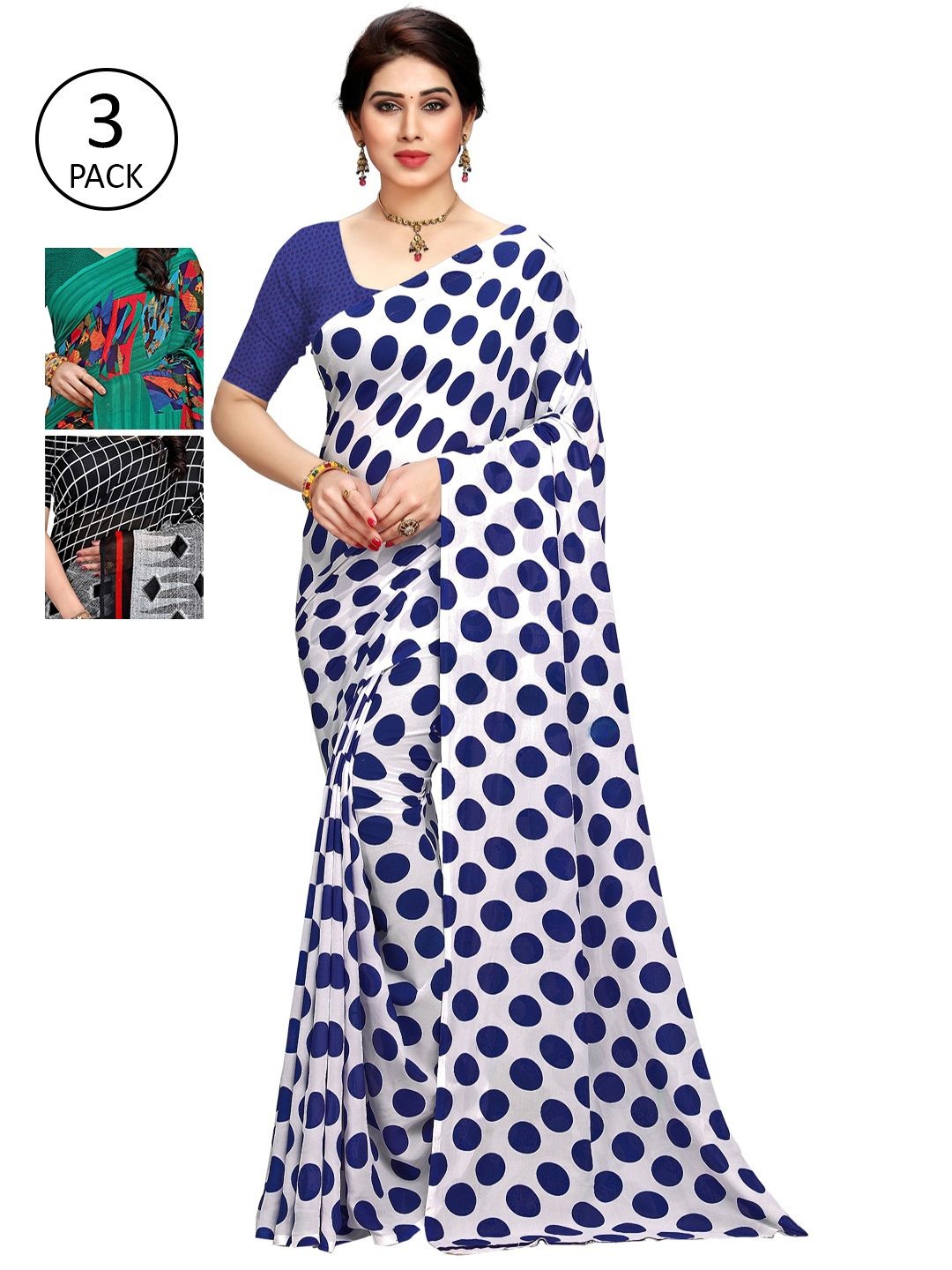 KALINI Pack of 3 Printed Sarees with Unstitched Blouse Pieces, Multi