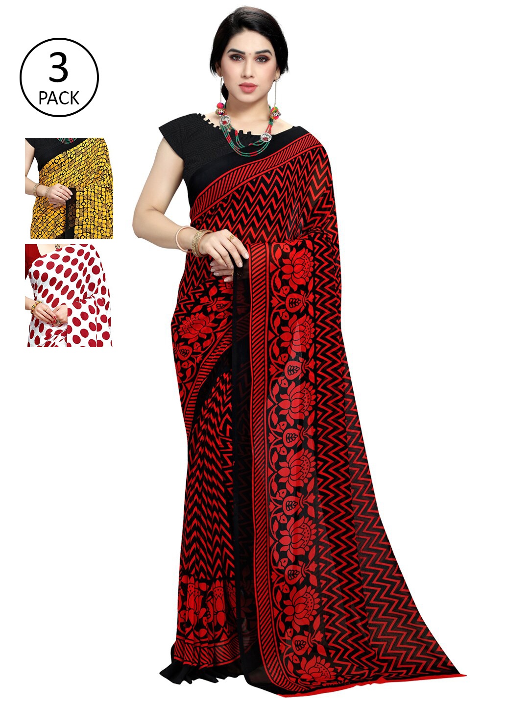 KALINI Pack Of 3 Printed Saree, Red