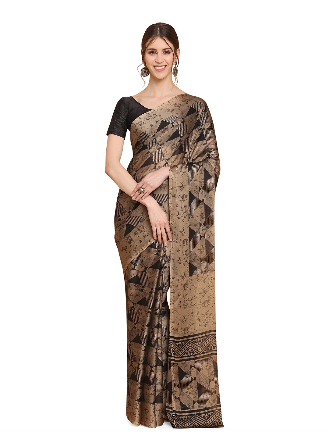 KALINI Beige & Black Silk Blend Fusion Block Printed Saree