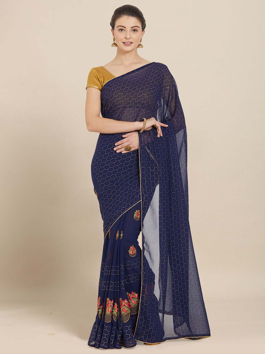 Kvsfab Navy Blue & Pink Embroidered Saree
Kvsfab Navy Blue & Pink Embroidered Saree