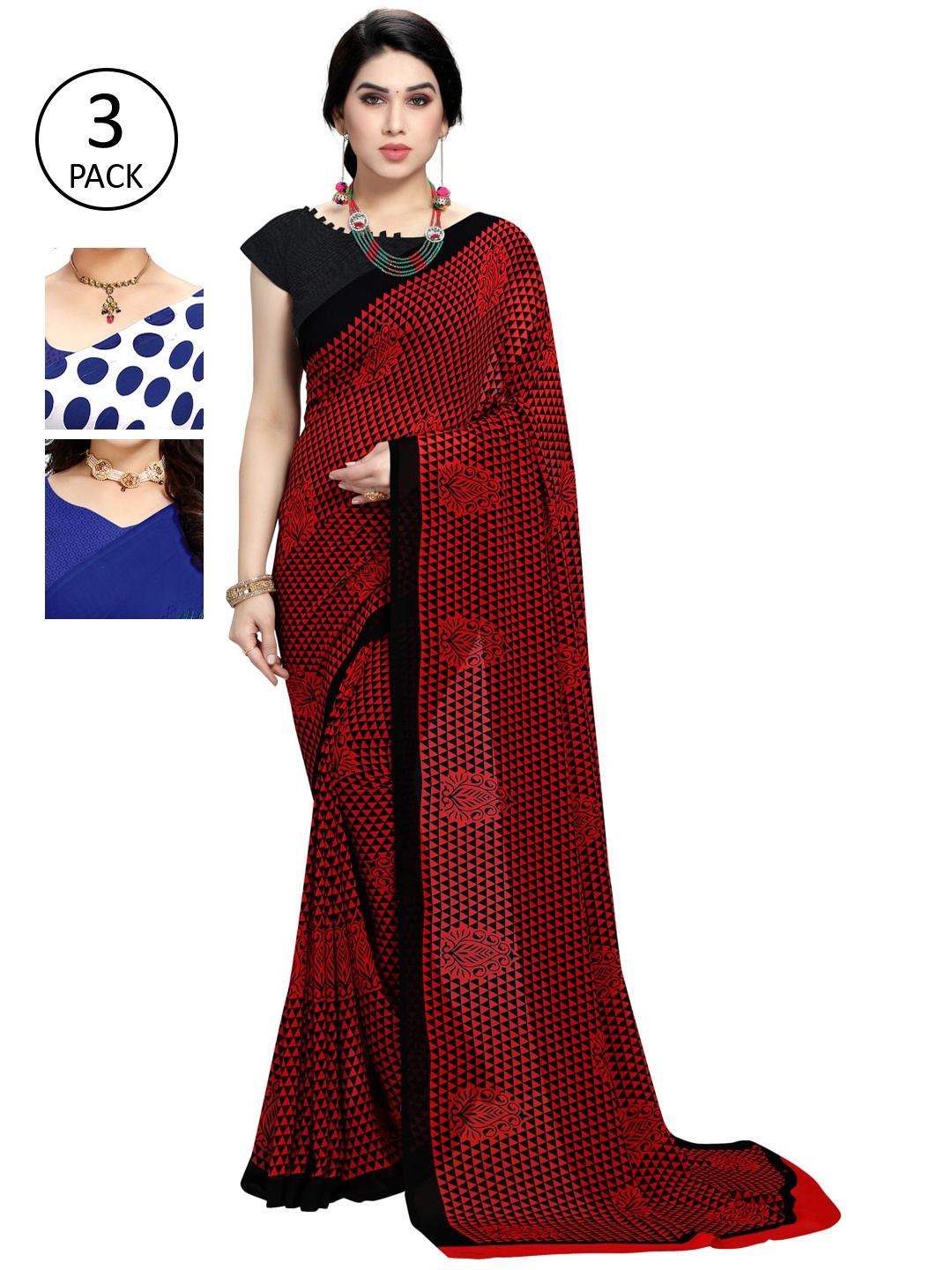 KALINI Women Pack of 3 Printed Sarees, Blue