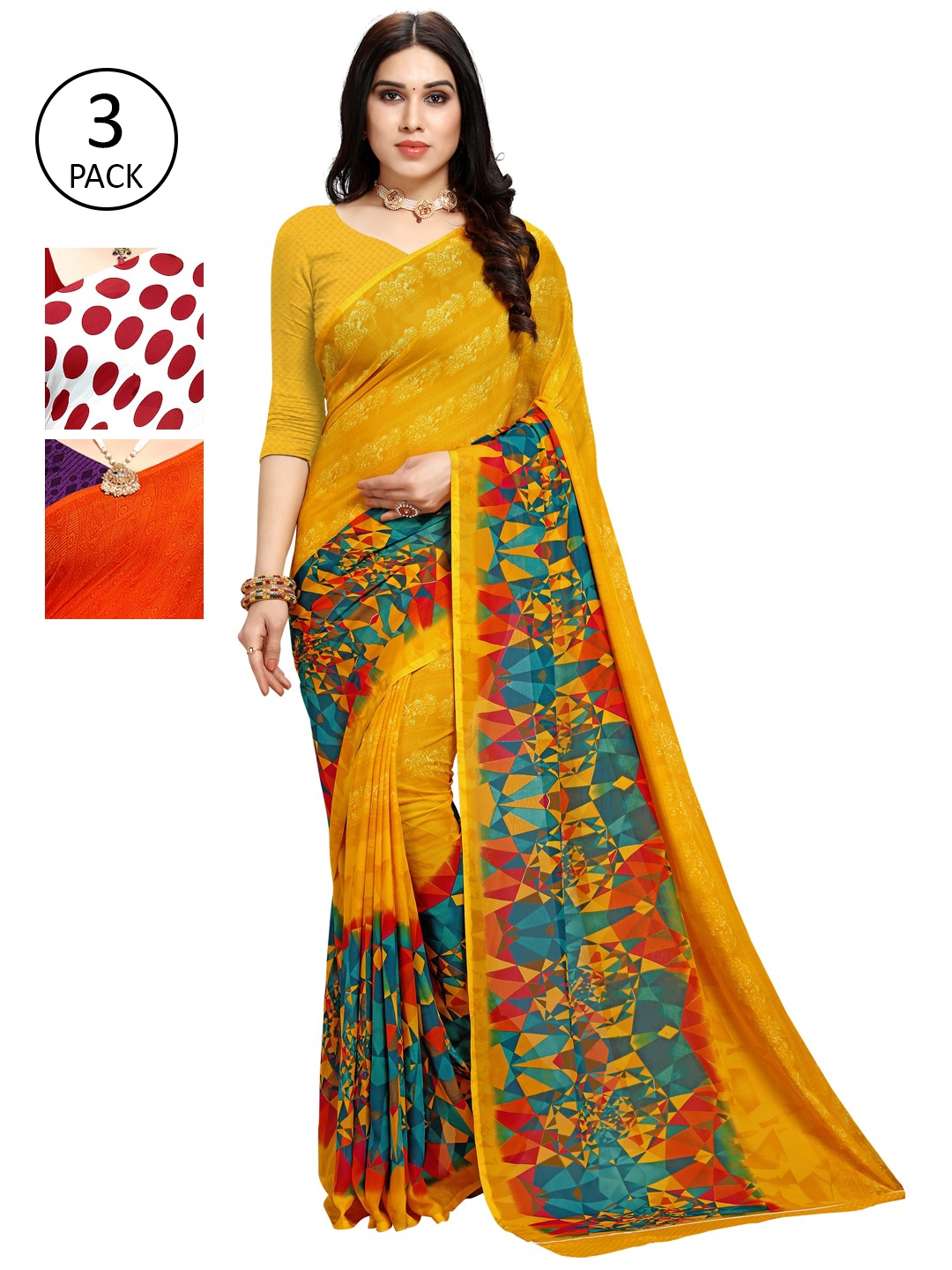 KALINI Pack of 3 Poly Georgette Sarees, White