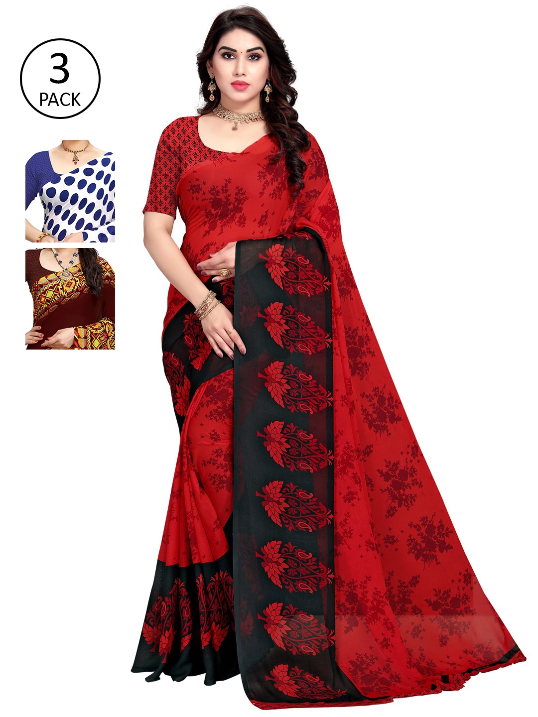 KALINI Women Pack of 3 Printed Sarees, White