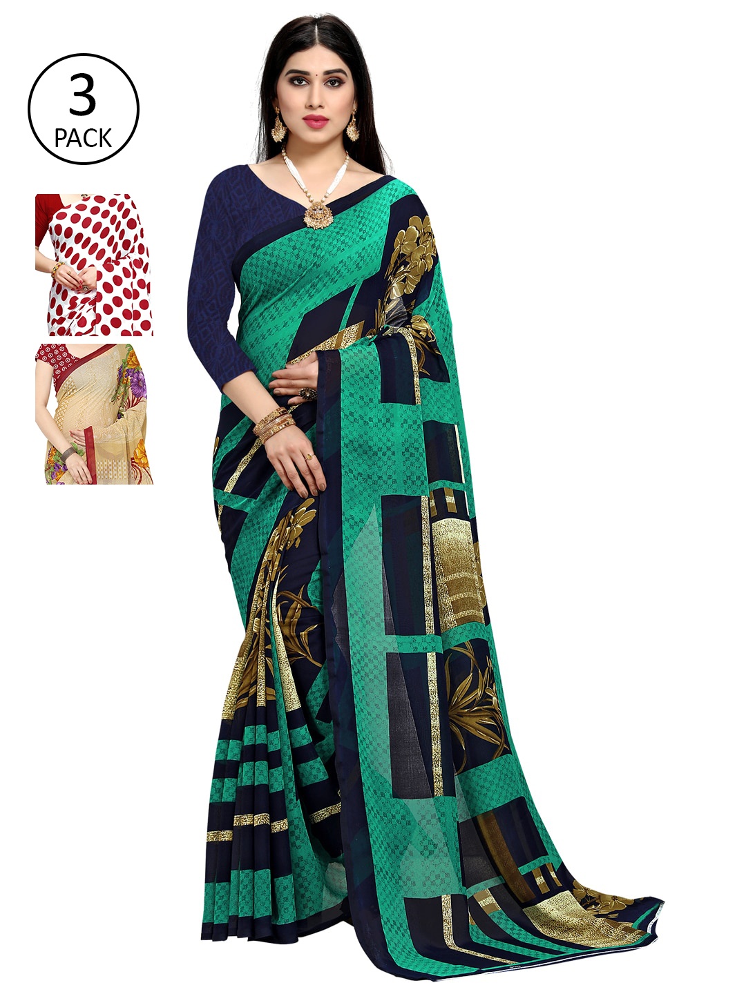 KALINI Pack Of 3 Green & Red Saree