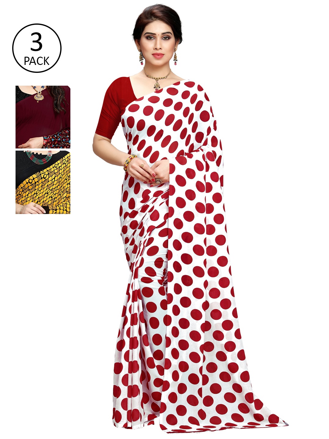 KALINI Women Pack Of 3 Printed Saree, Red