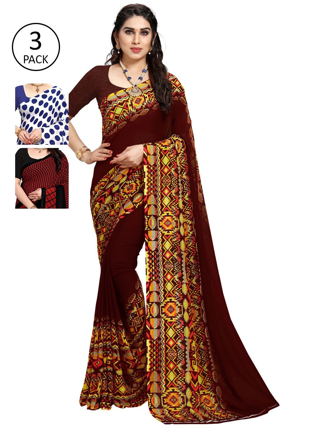 KALINI Pack of 3 Printed Sarees, Multi 
KALINI Pack of 3 Printed Sarees, Multi