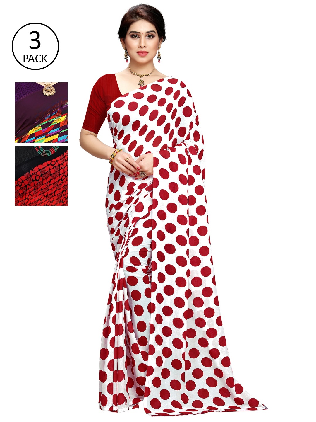 KALINI Pack of 3 Poly Georgette Saree, Red