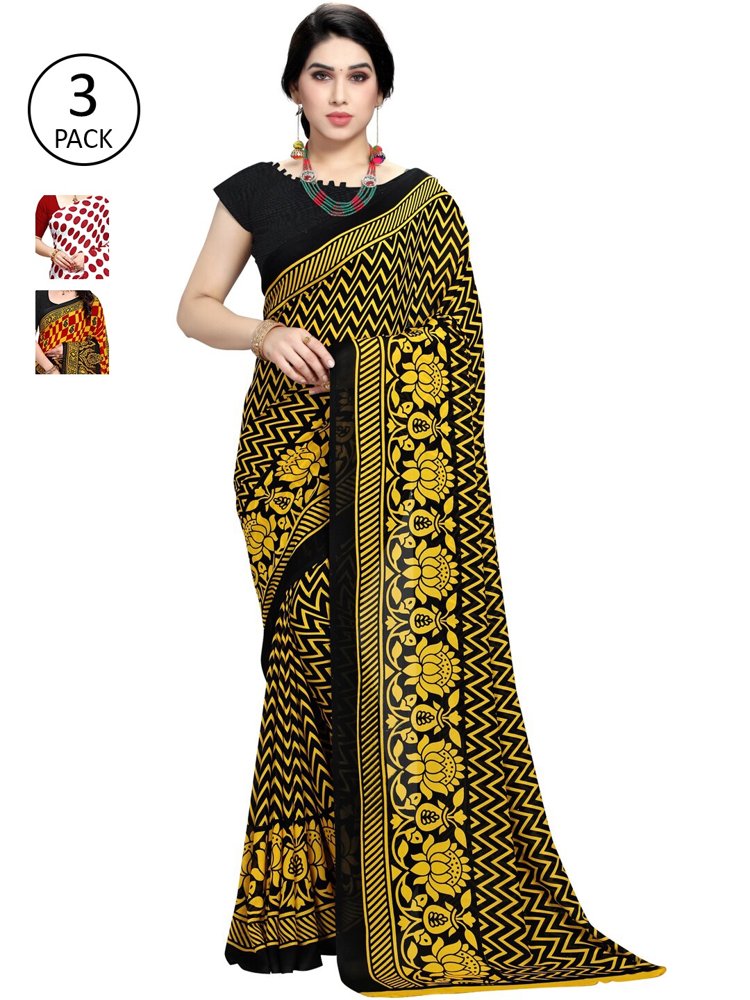 KALINI Pack Of 3 Printed Saree, Yellow