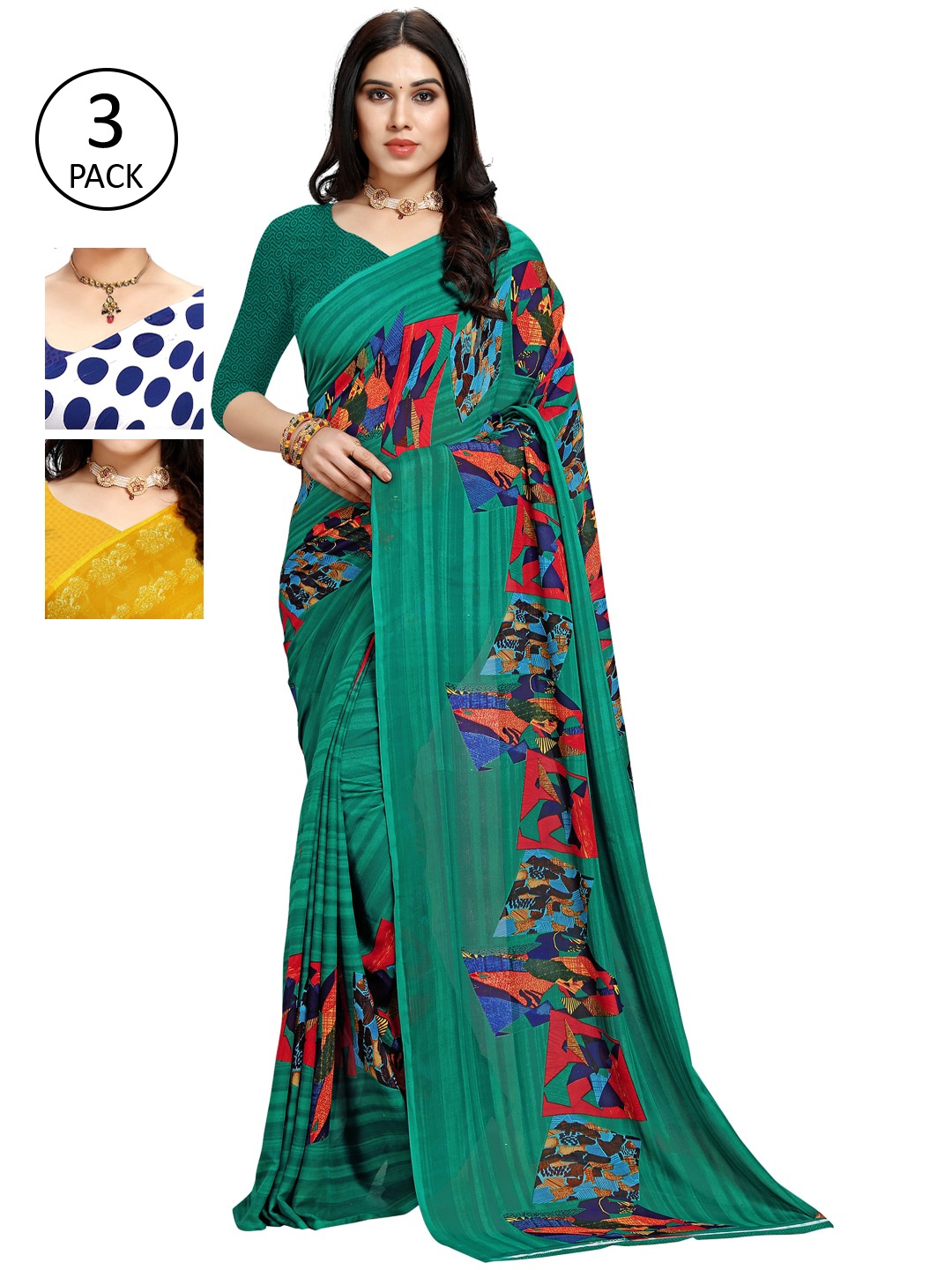 KALINI Pack Of 3 Printed Saree, Blue