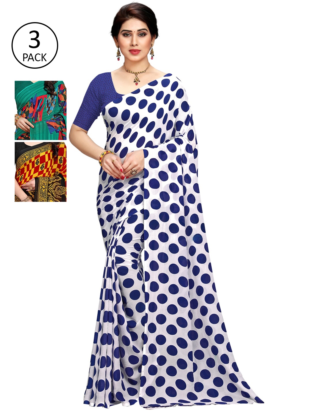 KALINI Pack of 3 Printed Sarees with Unstitched Blouse Pieces, Multi