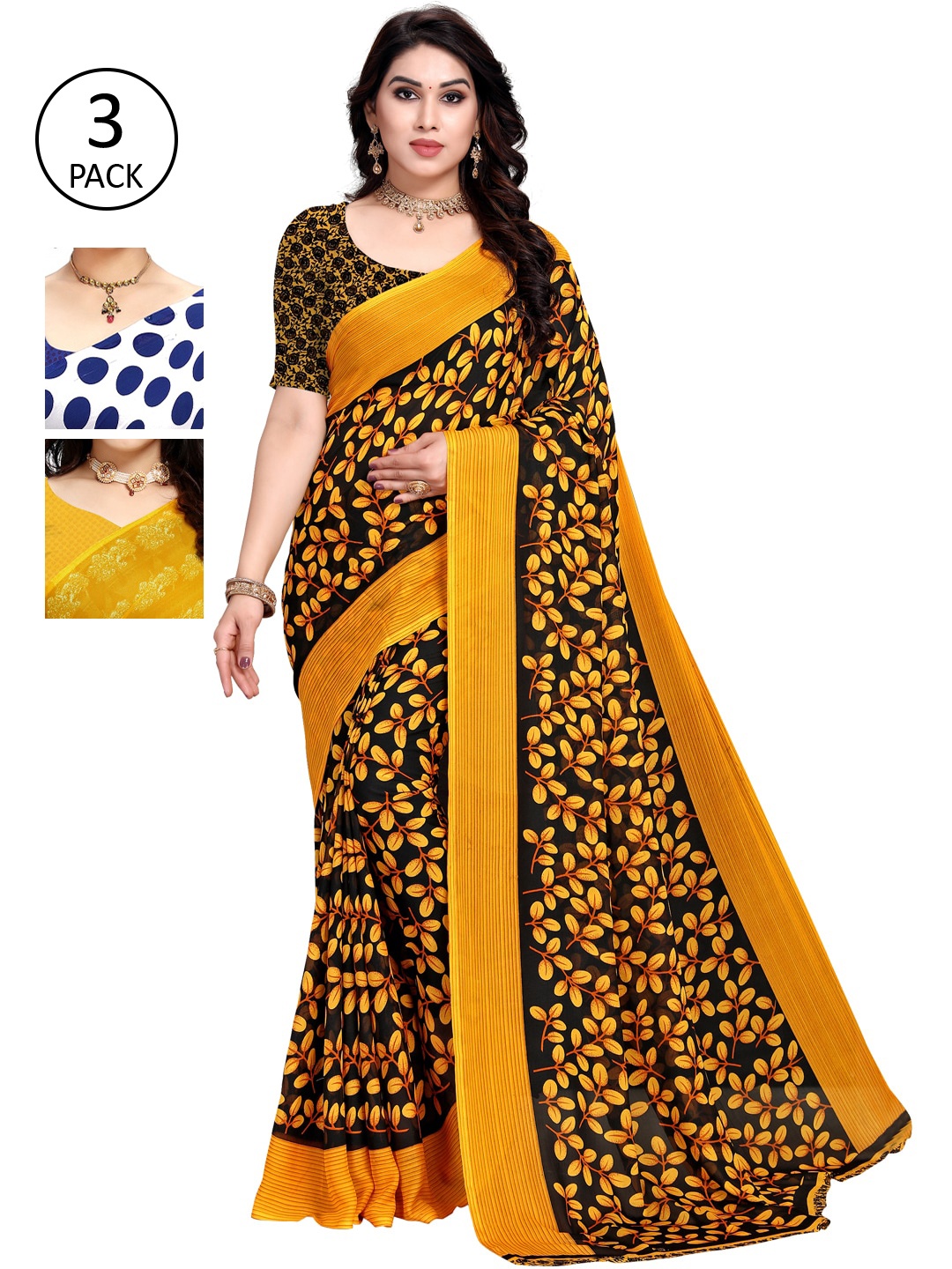 KALINI Pack Of 3 Printed Saree, Yellow