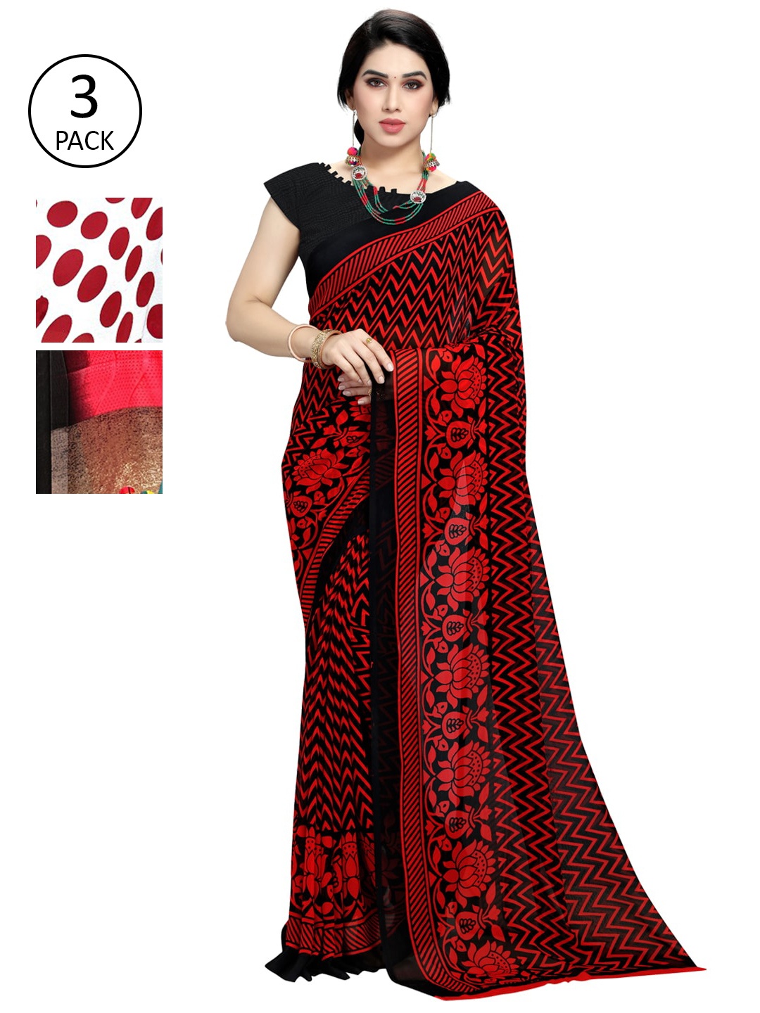 KALINI Pack Of 3 White & Red Saree