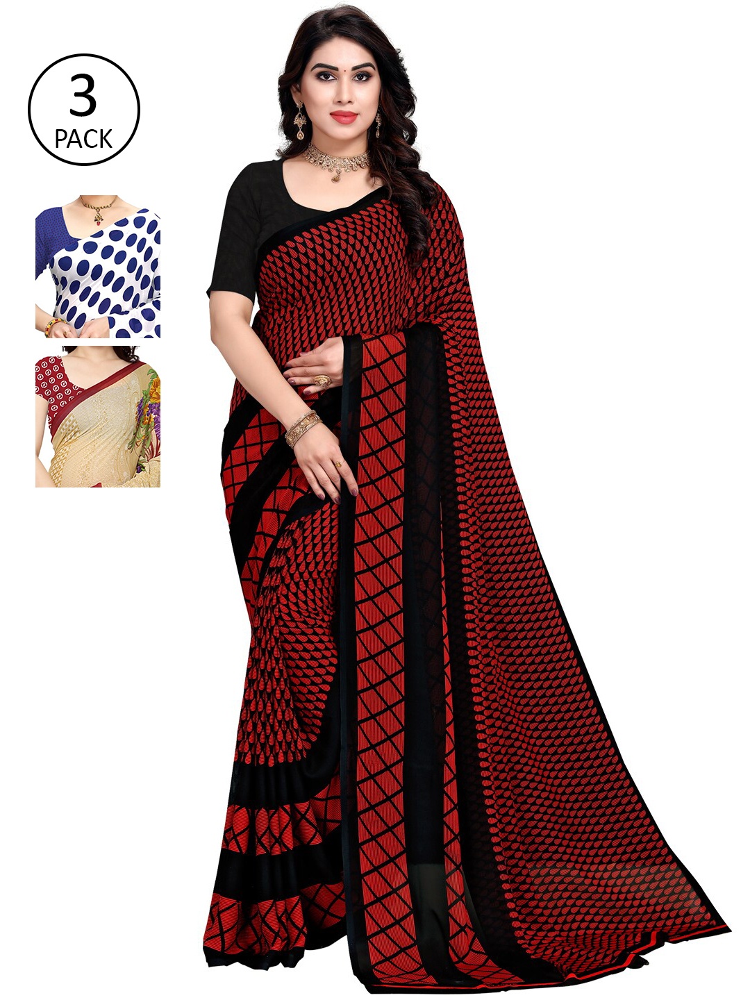 KALINI Pack Of 3 Multicoloured Printed Sarees, White