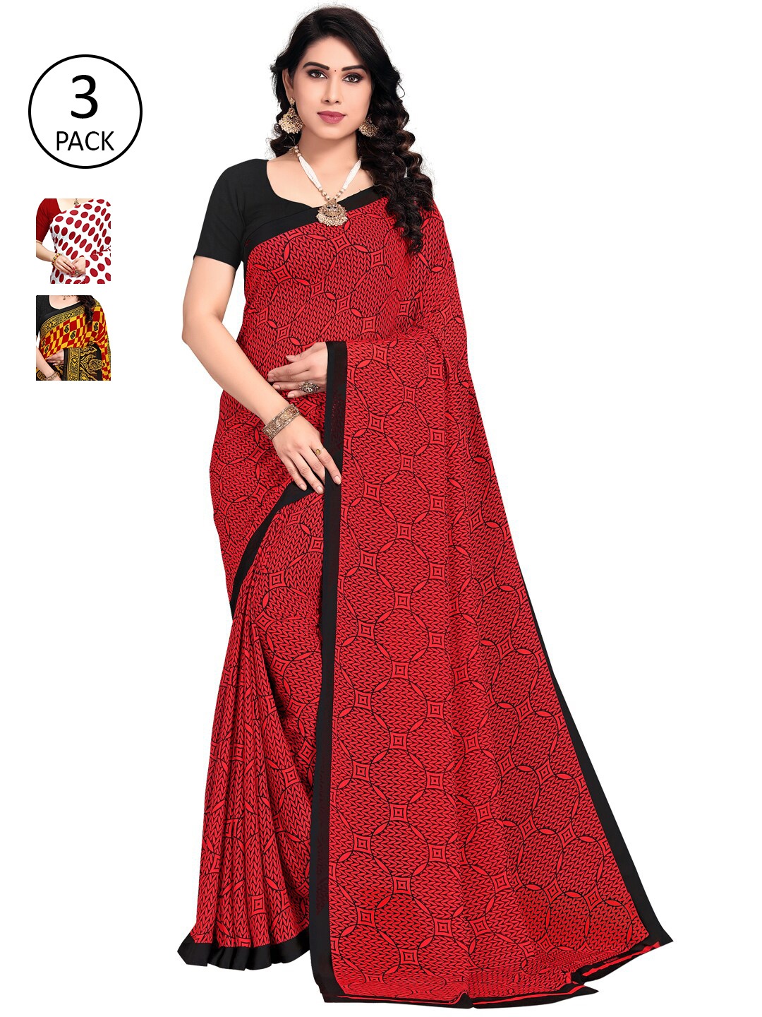 KALINI Women Pack Of 3 Printed Saree, Red