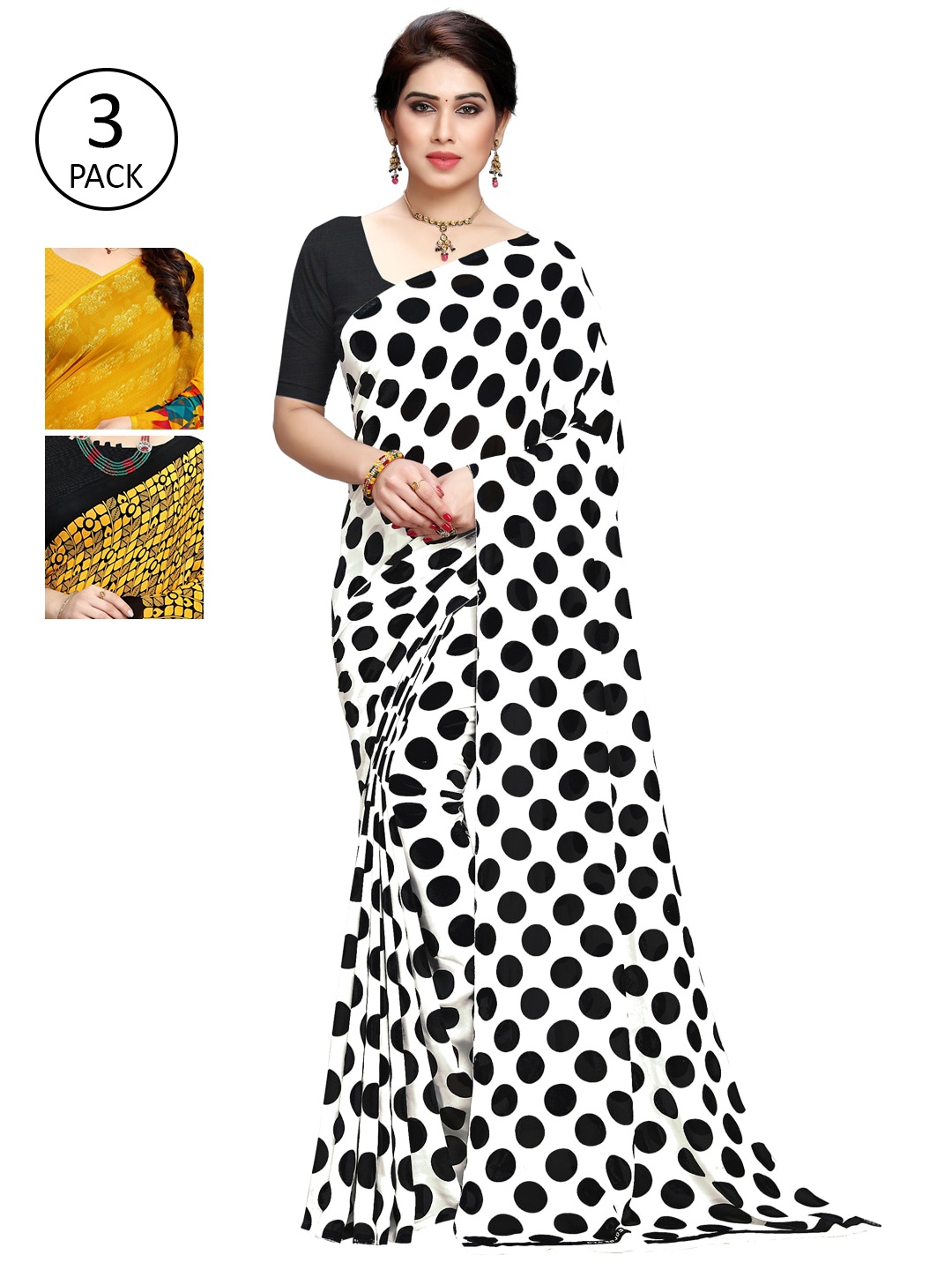 KALINI Pack of 3 Printed Sarees, White