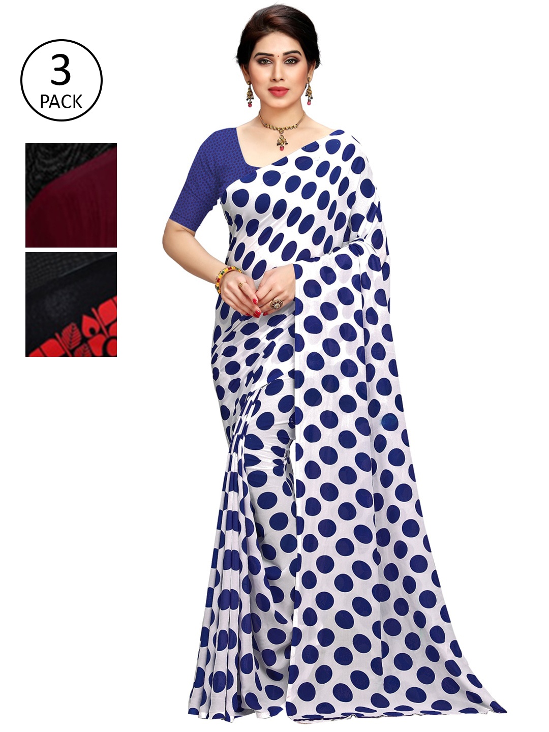 KALINI Pack of 3 Printed Sarees, White