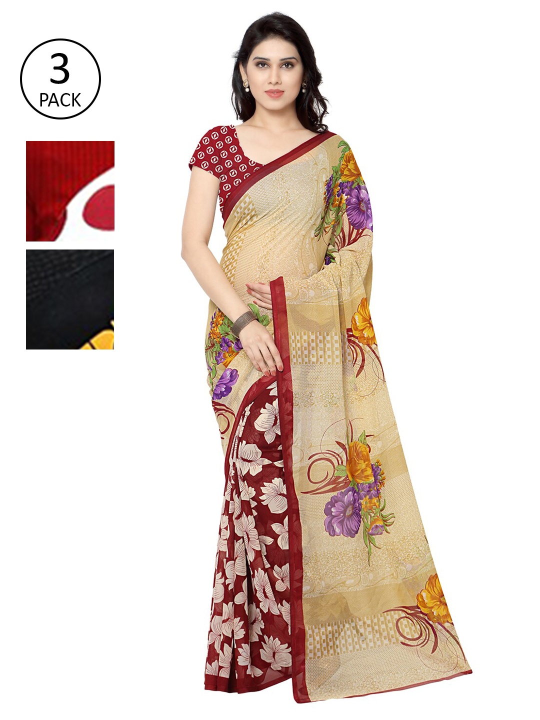 KALINI Pack Of 3 Printed Sarees, White