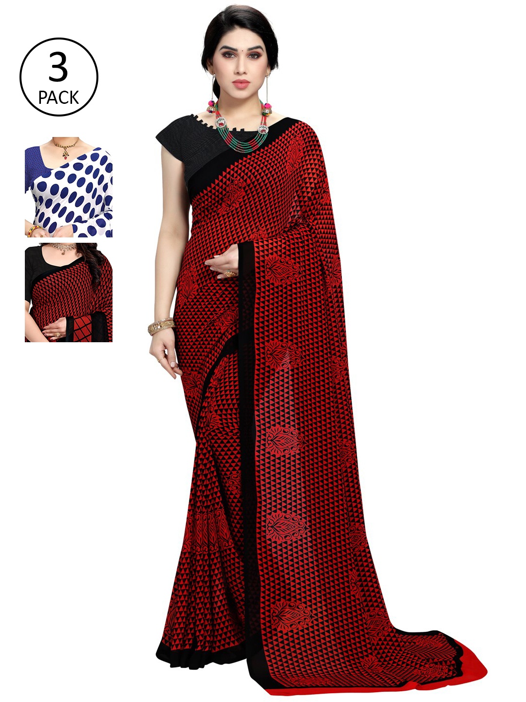 KALINI Set of 3 White & Red Printed Sarees