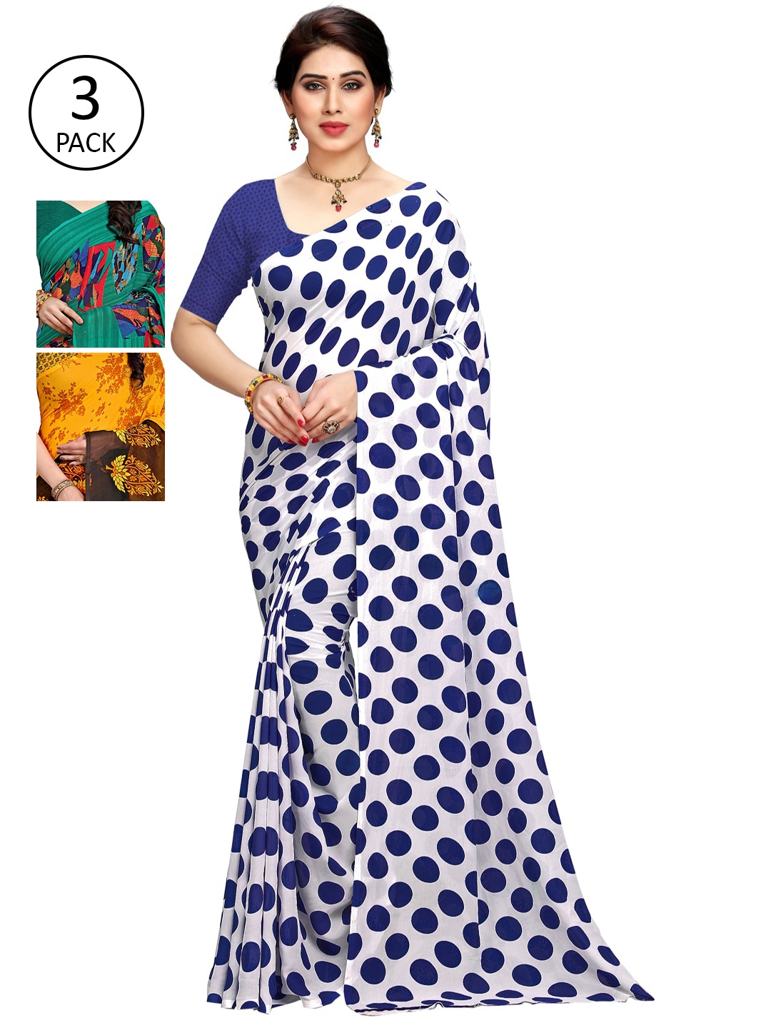 KALINI Pack of 3 Printed Sarees with Unstitched Blouse Pieces, Multi