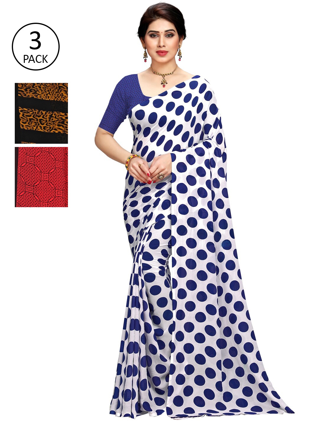 KALINI Blue & White Pack Of 3 Printed Saree