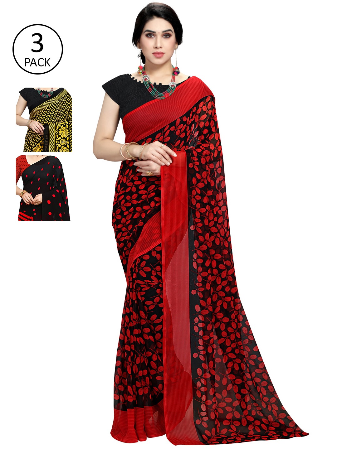 KALINI Pack of 3 Printed Sarees, Black