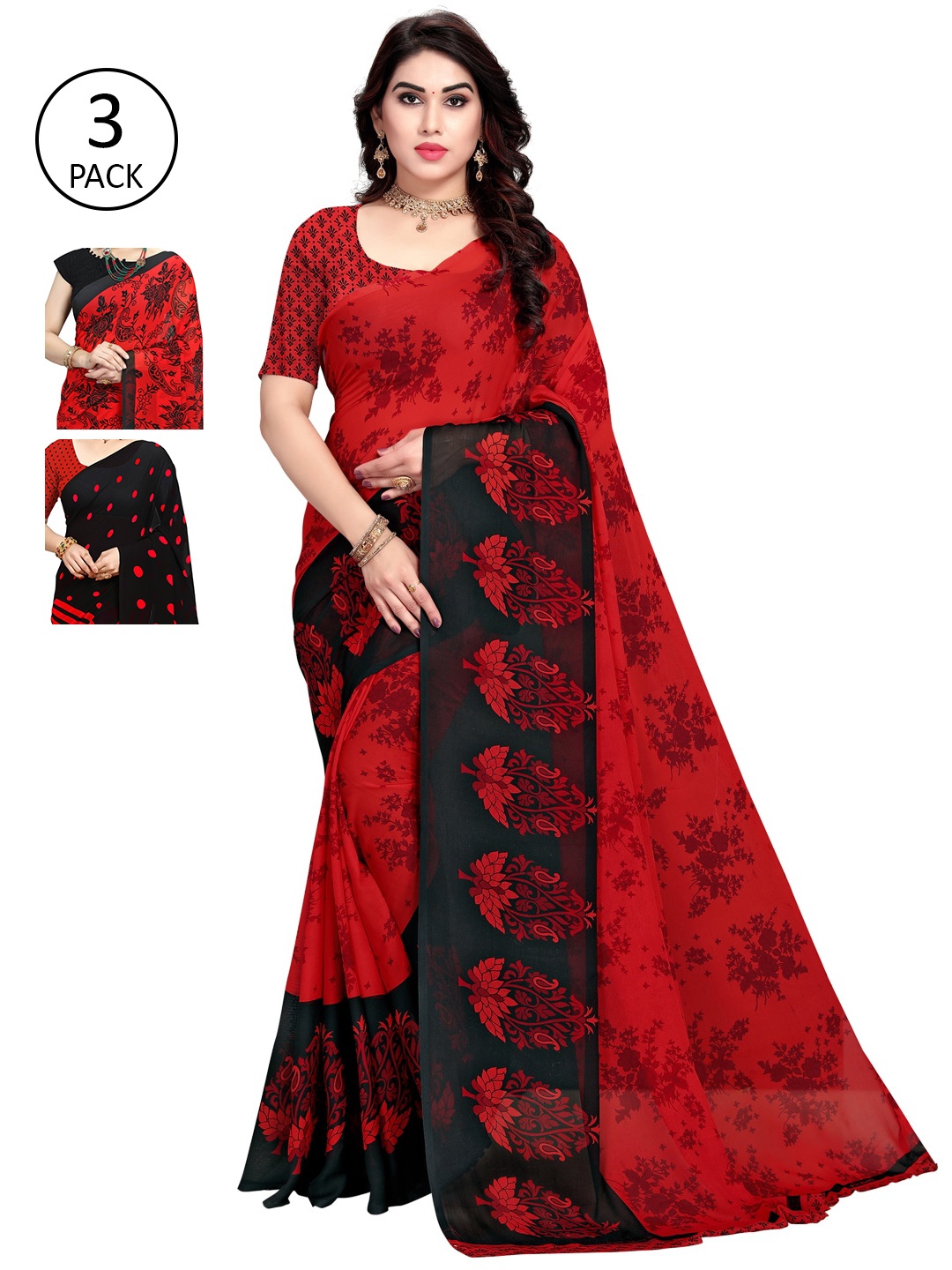 KALINI Pack of 3 Printed Saree, Red