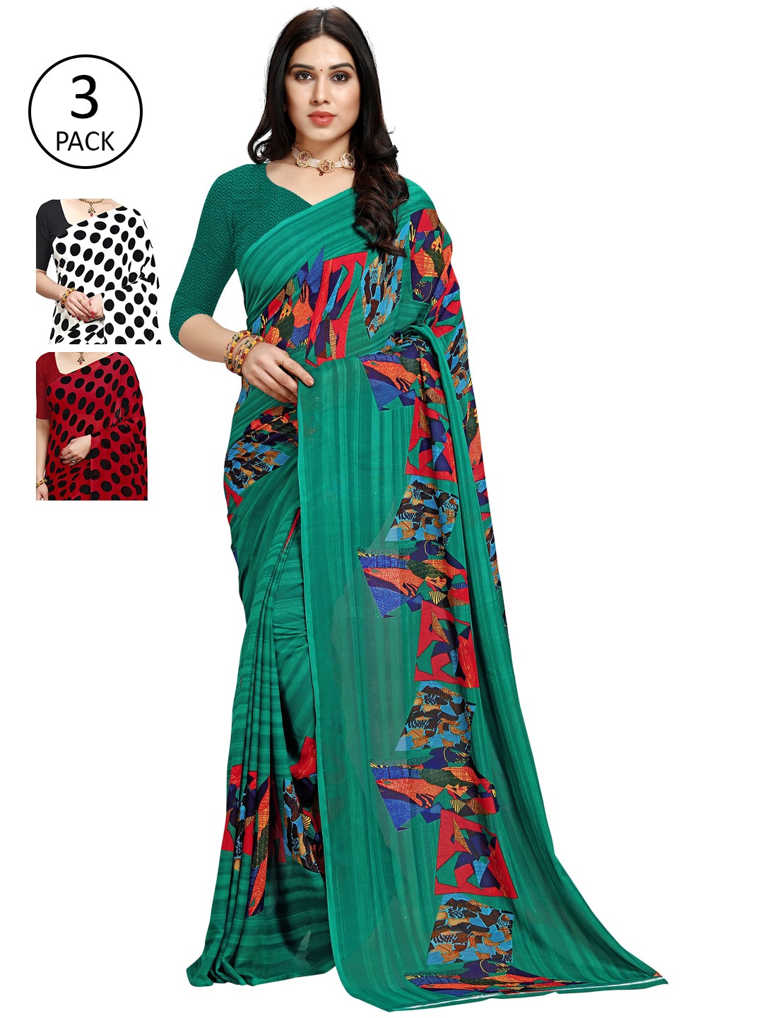 KALINI Pack Of 3 Printed Poly Georgette Sarees, Red