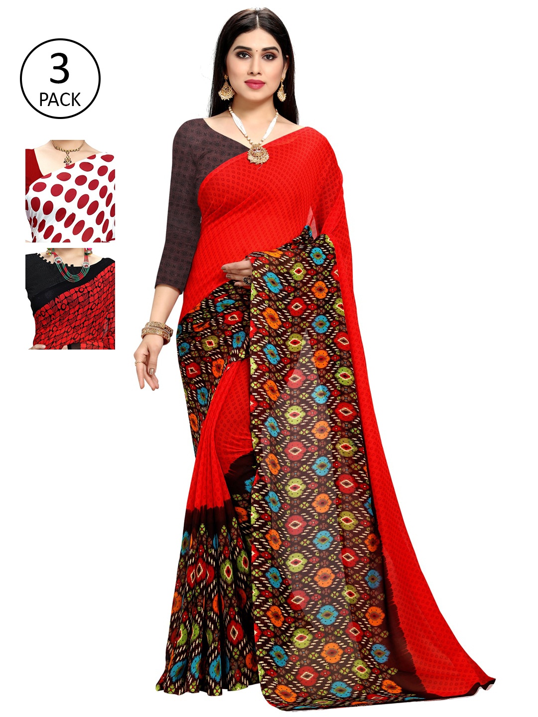 KALINI Set Of 3 Red & Black Poly Georgette Printed Sarees