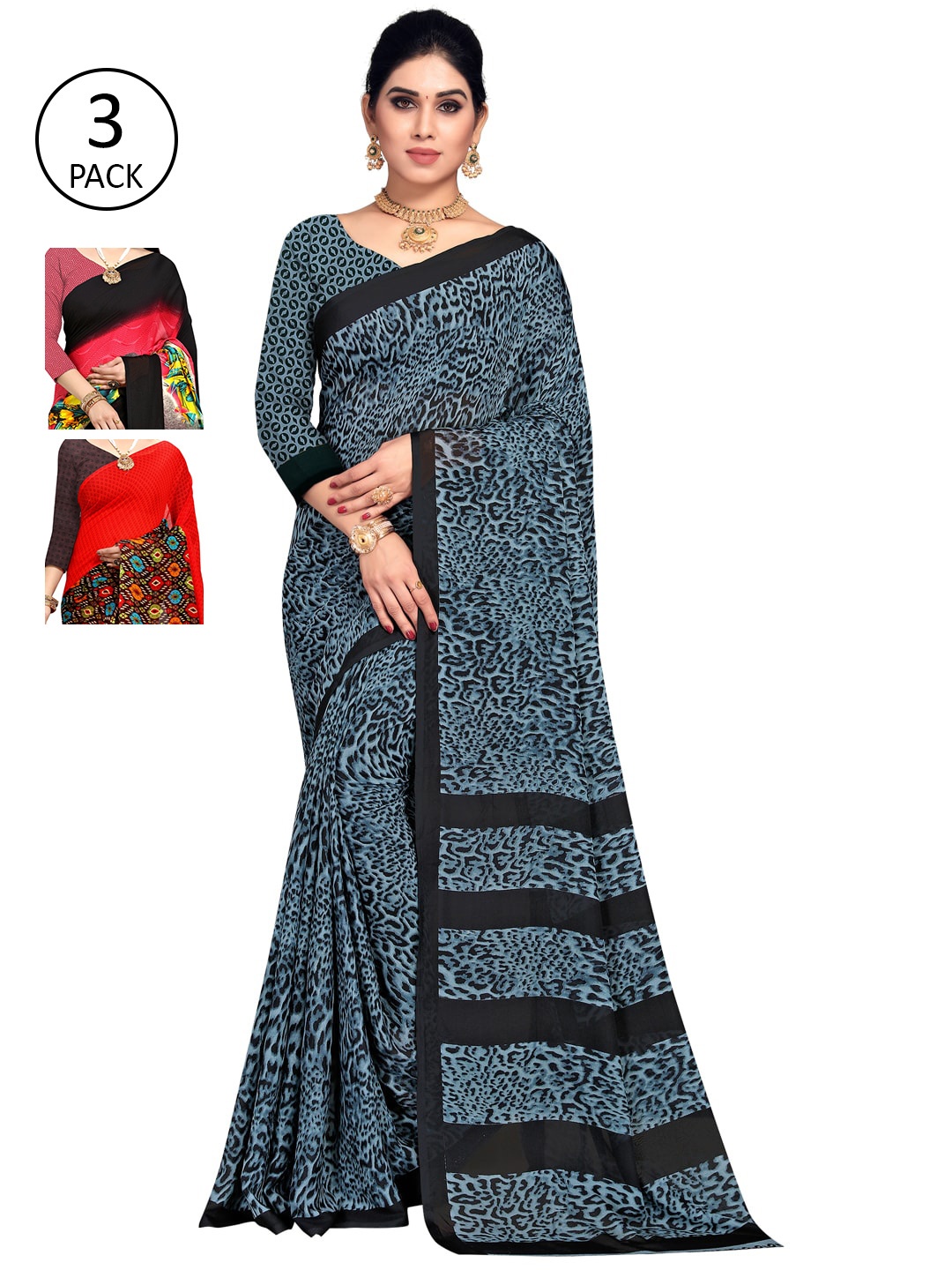 KALINI Red & Blue Pack of 3 Printed Sarees