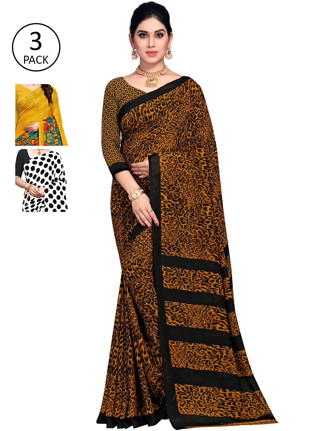 KALINI Women Pack Of 3 Printed Saree, Black