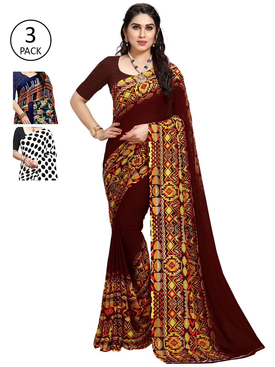 KALINI Women Pack of 3 Printed Sarees, White