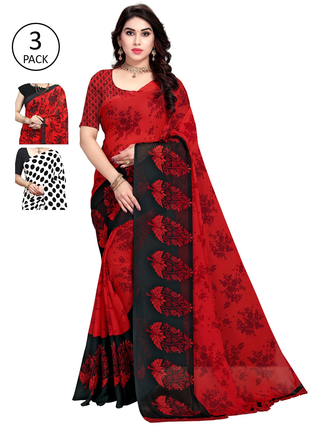 KALINI White & Red Pack of 3 Printed Sarees