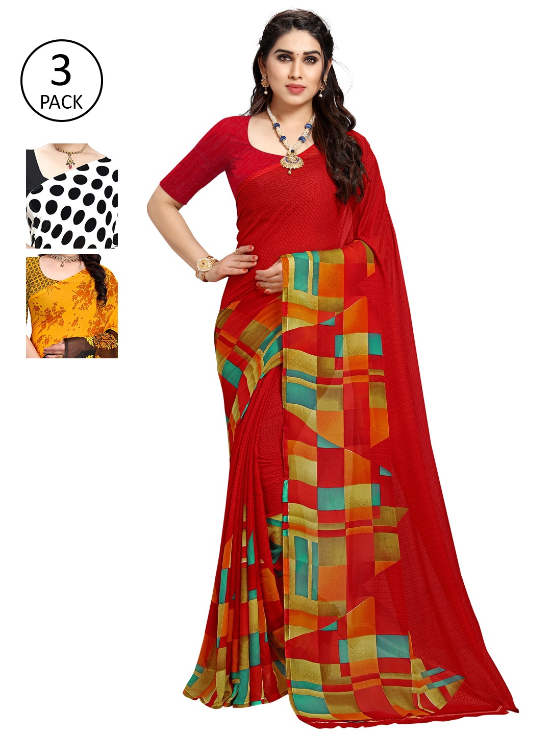 KALINI Pack Of 3 Saree Saree, Coral