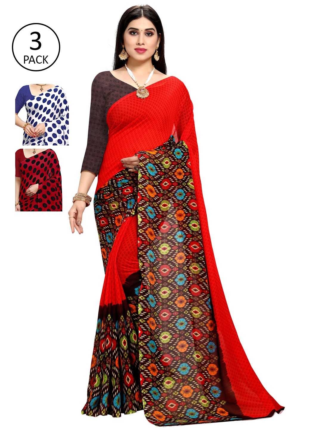 KALINI Women Women Pack of 3 Printed Sarees, Red