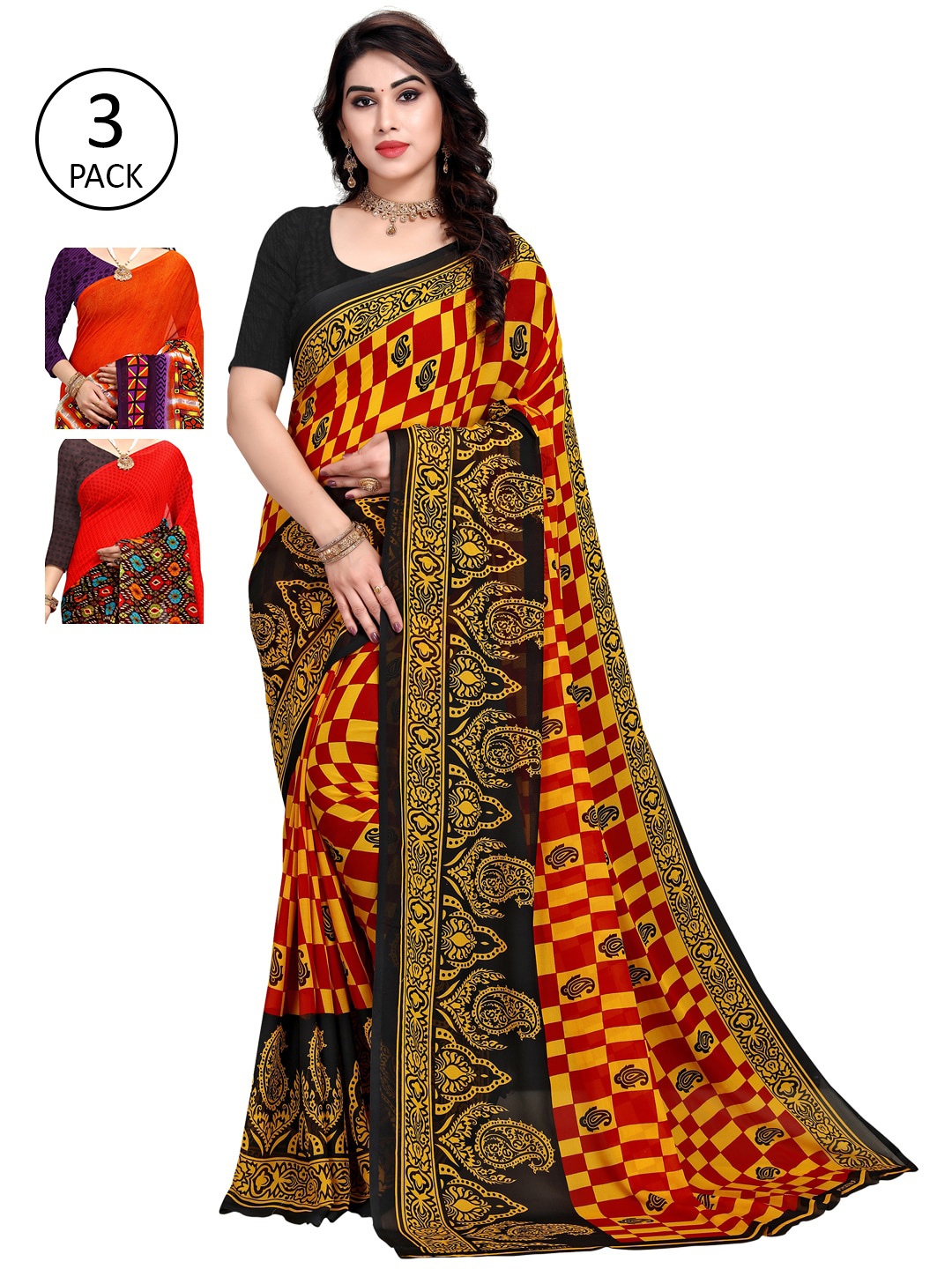 KALINI Red & Orange Pack of 3 Printed Sarees