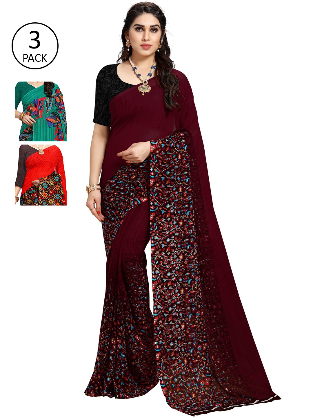 KALINI Pack Of 3 Multicoloured Poly Georgette Sarees, Multi
