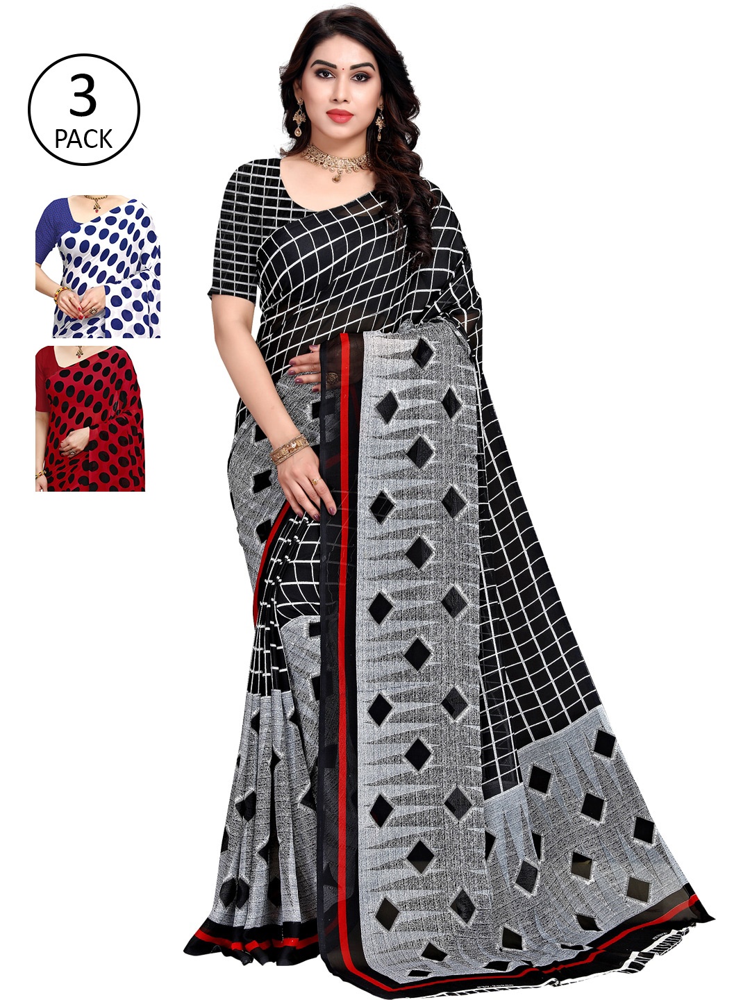 KALINI Pack of 3 Printed Sarees, White