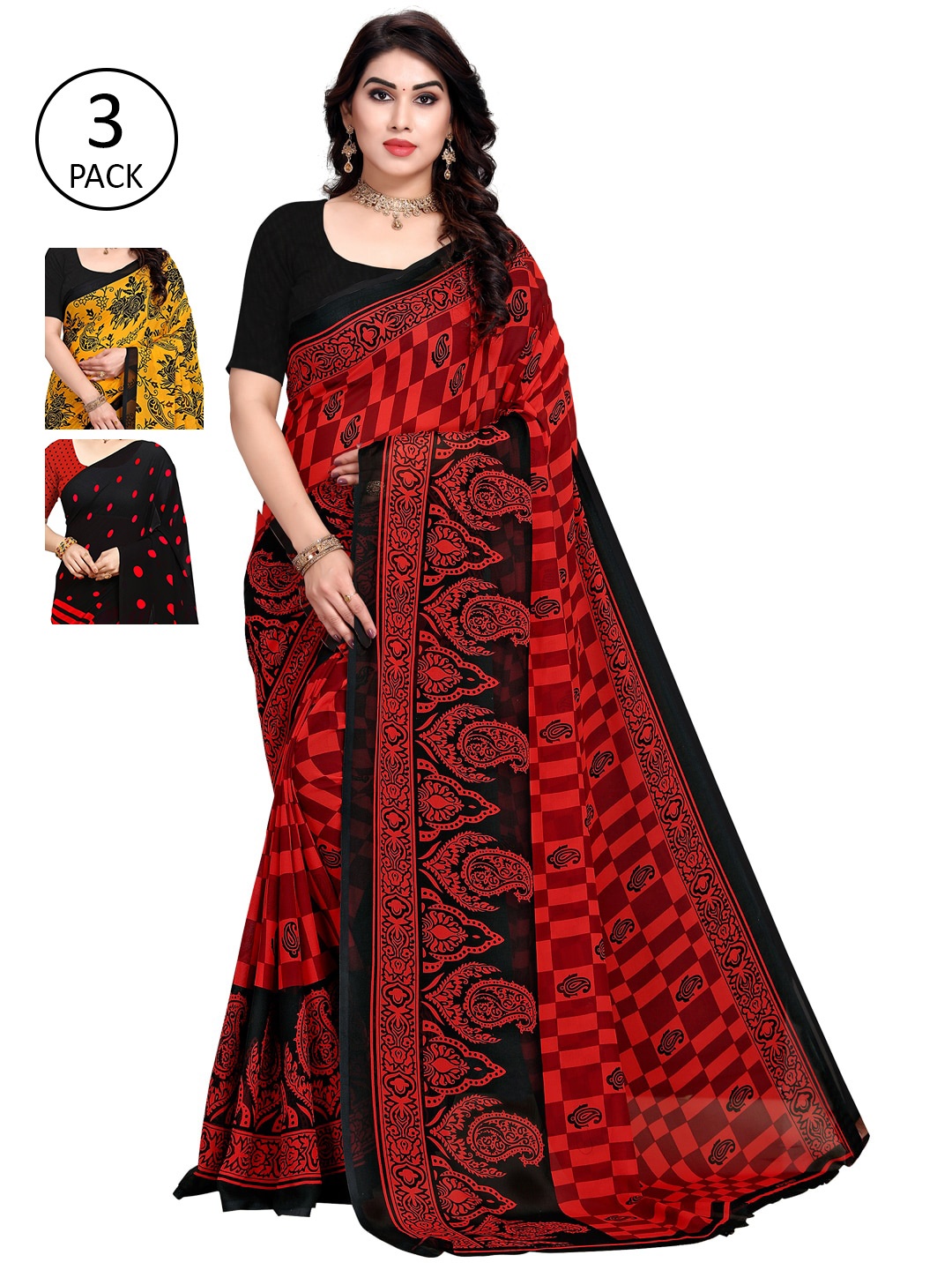 KALINI Pack Of 3 Printed Poly Georgette Sarees, Yellow