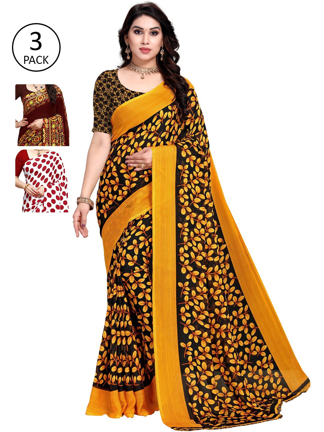 KALINI Pack Of 3 Printed Saree, Yellow