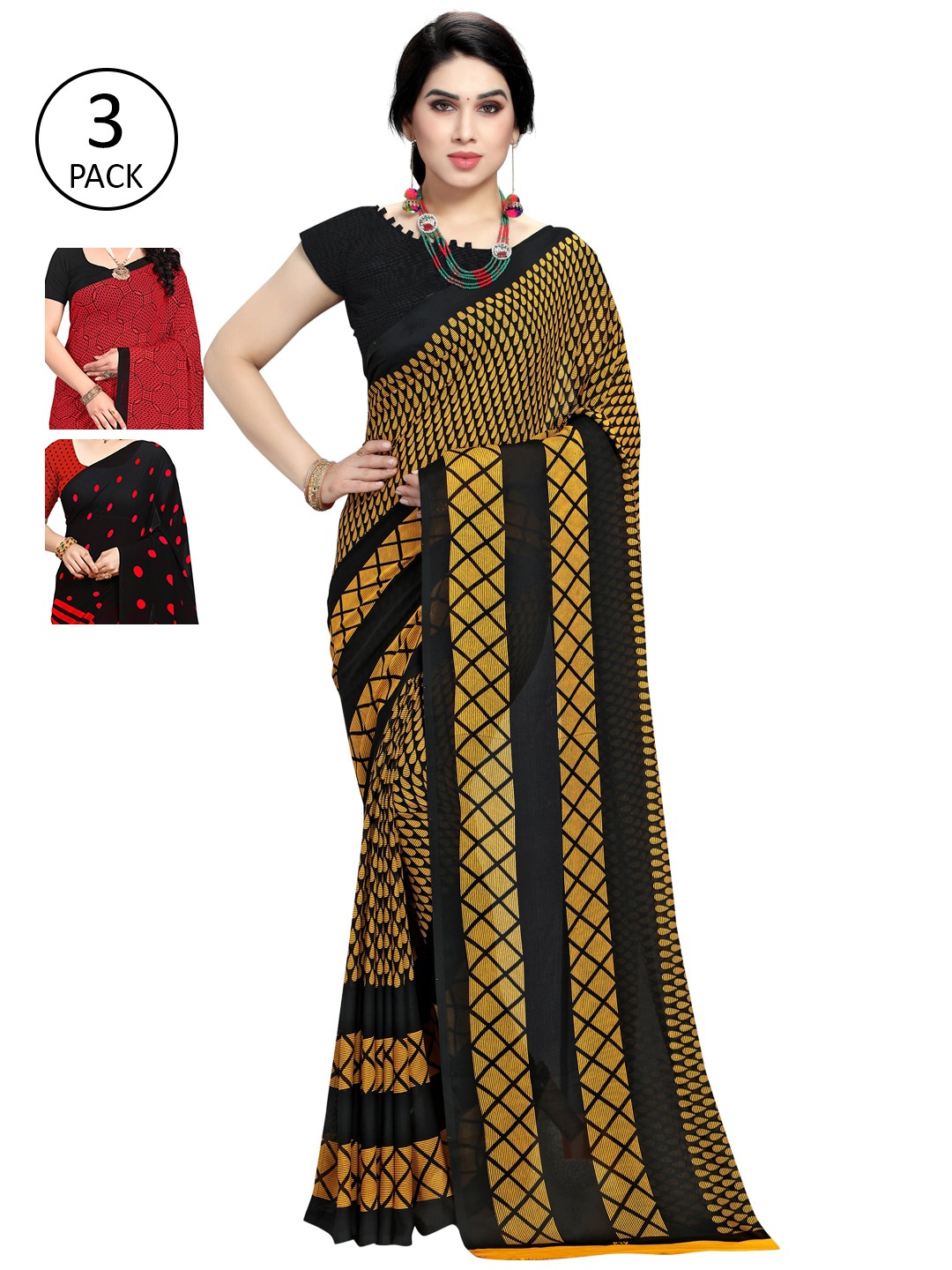 KALINI Pack of 3 Printed Saree, Red