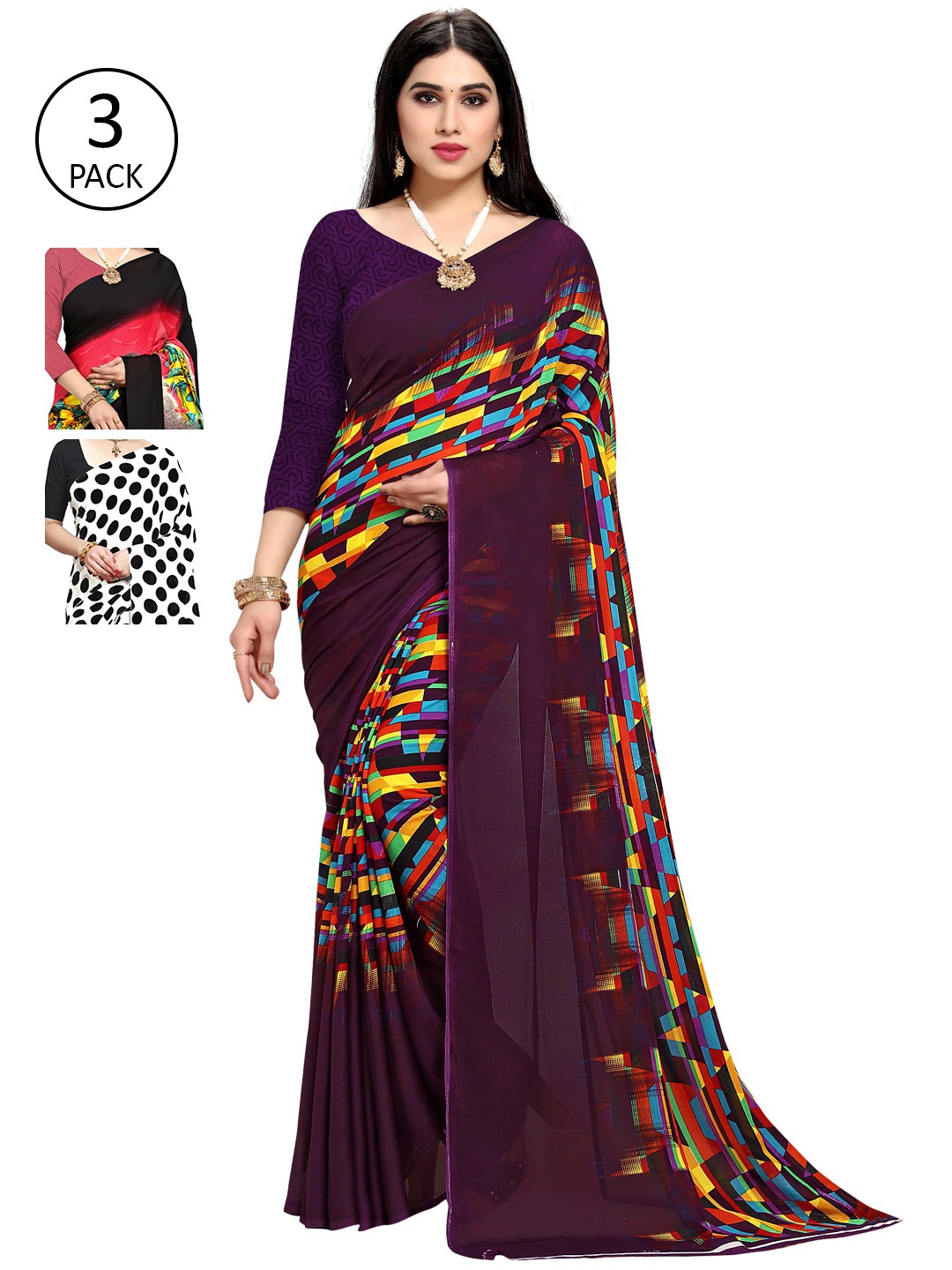 KALINI Pack Of Three Printed Saree, White