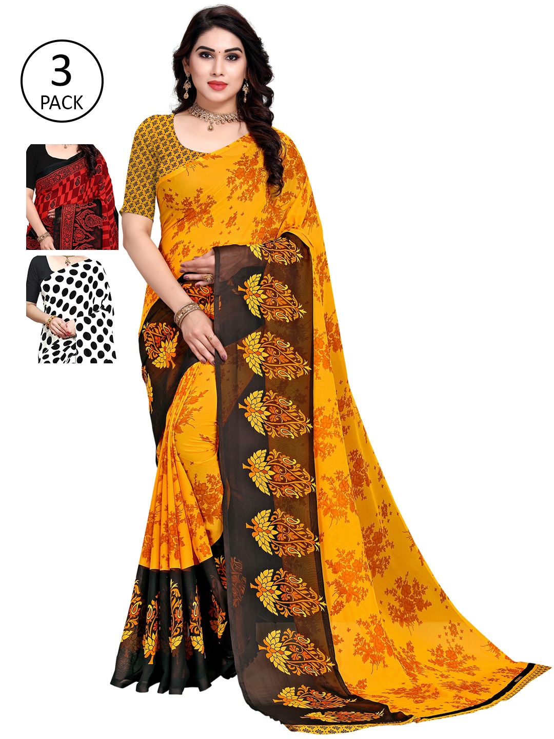KALINI Yellow & White Pack of 3 Printed Sarees