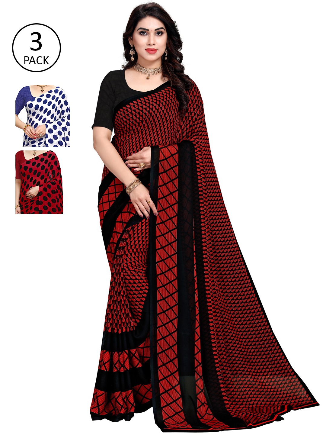 KALINI Pack of 3 Printed Sarees, Red
