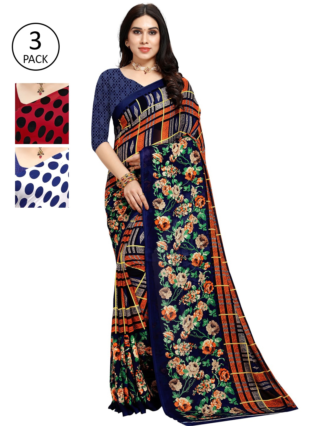 KALINI Pack of 3 Printed Sarees, Red